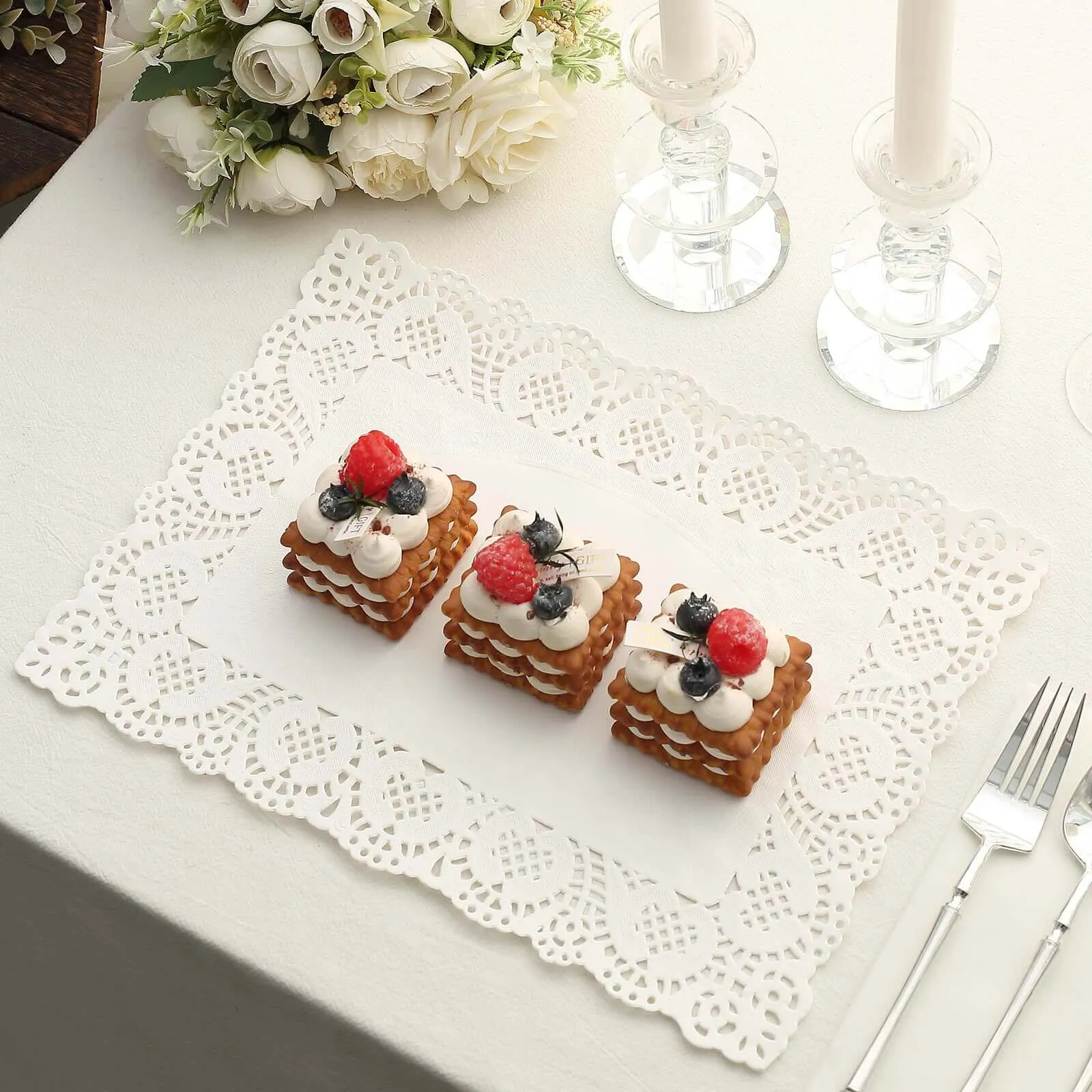 100 Pcs Paper Rectangle Placemats 14"x10" White - Food Grade Lace Paper Doilies for Desserts, Crafts & Table Decor