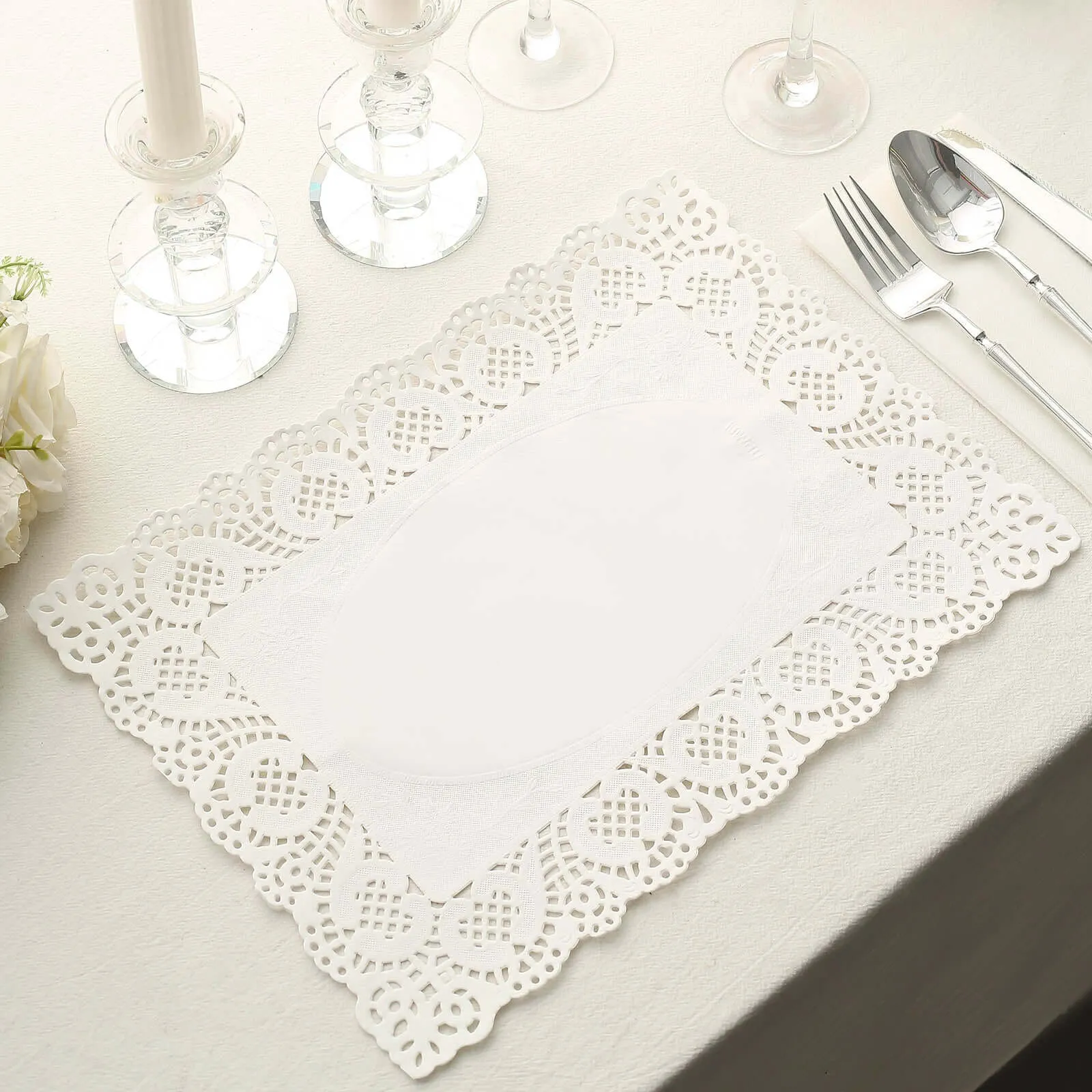 100 Pcs Paper Rectangle Placemats 14"x10" White - Food Grade Lace Paper Doilies for Desserts, Crafts & Table Decor