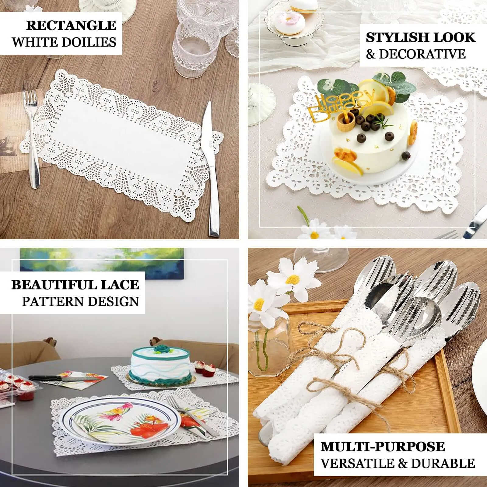 100 Pcs Paper Rectangle Placemats 14"x10" White - Food Grade Lace Paper Doilies for Desserts, Crafts & Table Decor