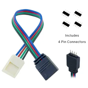 10mm (5050) Solderless LED Light Strip Connectors and Extensions : RGB Multicolor - Strip to 4 Pin (4 Pack)