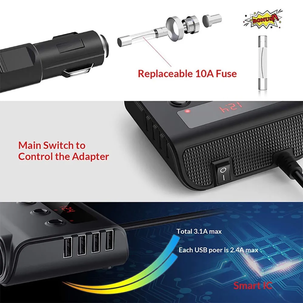 120w Car Cigarette Lighter Adapter Quick Charge 3.0 12v/24v 3