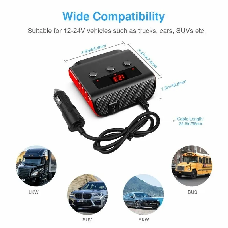 120w Car Cigarette Lighter Adapter Quick Charge 3.0 12v/24v 3