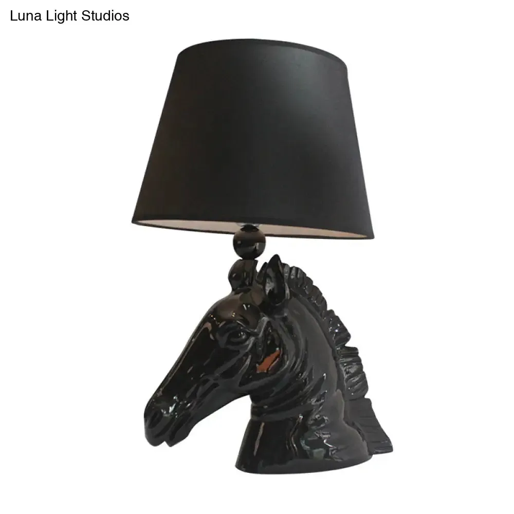 14"/18" Wide Vintage 1-Light Table Lamp with Tapered Fabric Shade and Horse Head Base in Black