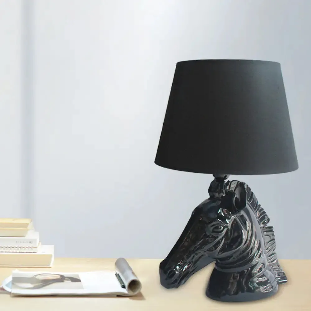 14"/18" Wide Vintage 1-Light Table Lamp with Tapered Fabric Shade and Horse Head Base in Black
