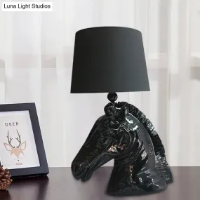 14"/18" Wide Vintage 1-Light Table Lamp with Tapered Fabric Shade and Horse Head Base in Black