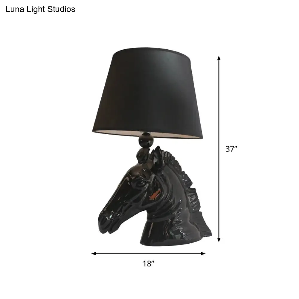 14"/18" Wide Vintage 1-Light Table Lamp with Tapered Fabric Shade and Horse Head Base in Black