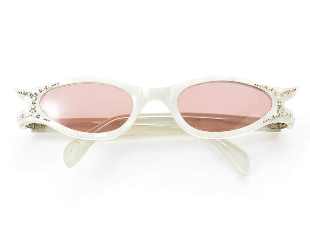 1950s Rhinestone Pearlescent Carved Lucite Cat Eye Sunglasses