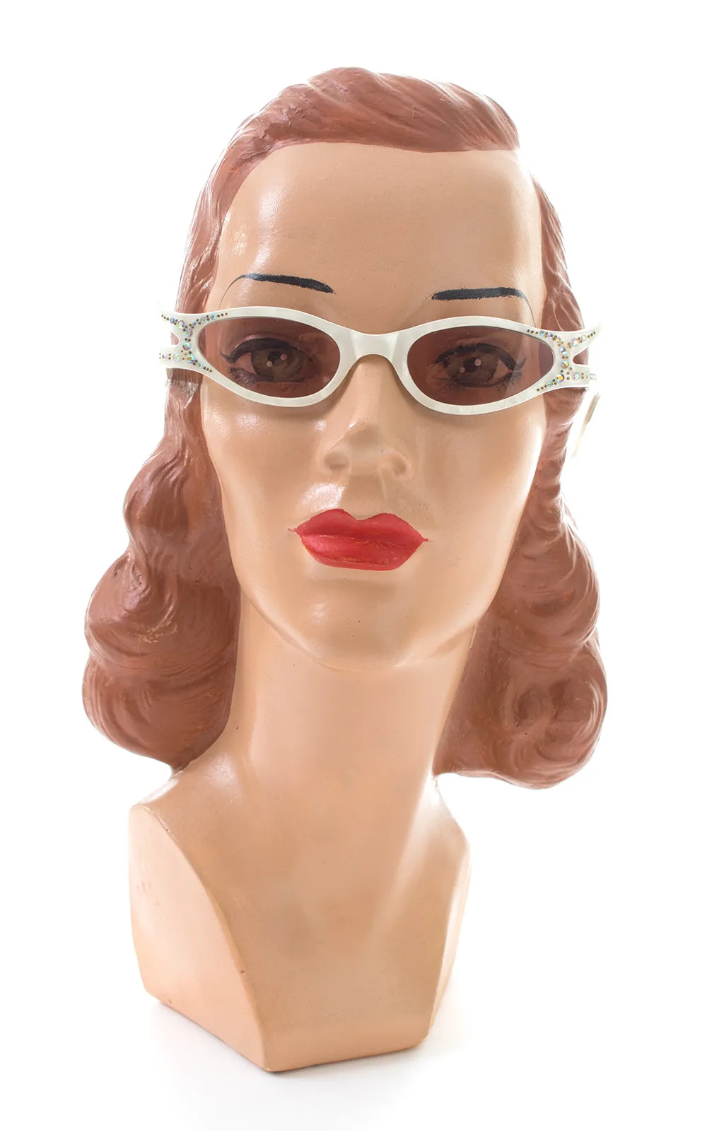 1950s Rhinestone Pearlescent Carved Lucite Cat Eye Sunglasses