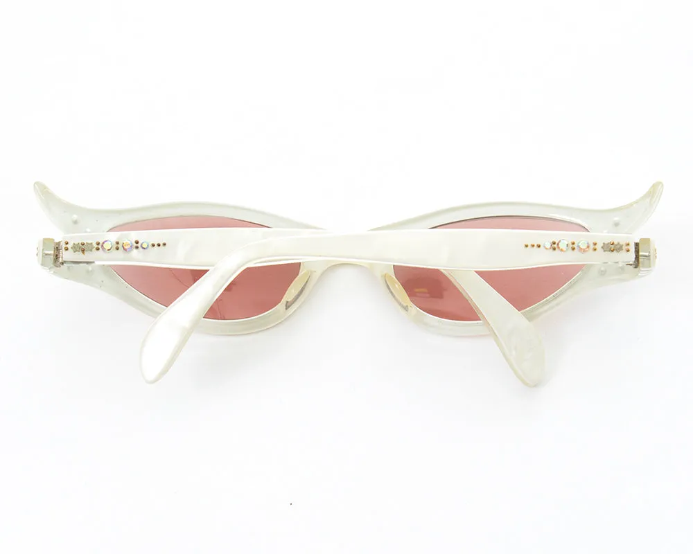 1950s Rhinestone Pearlescent Carved Lucite Cat Eye Sunglasses