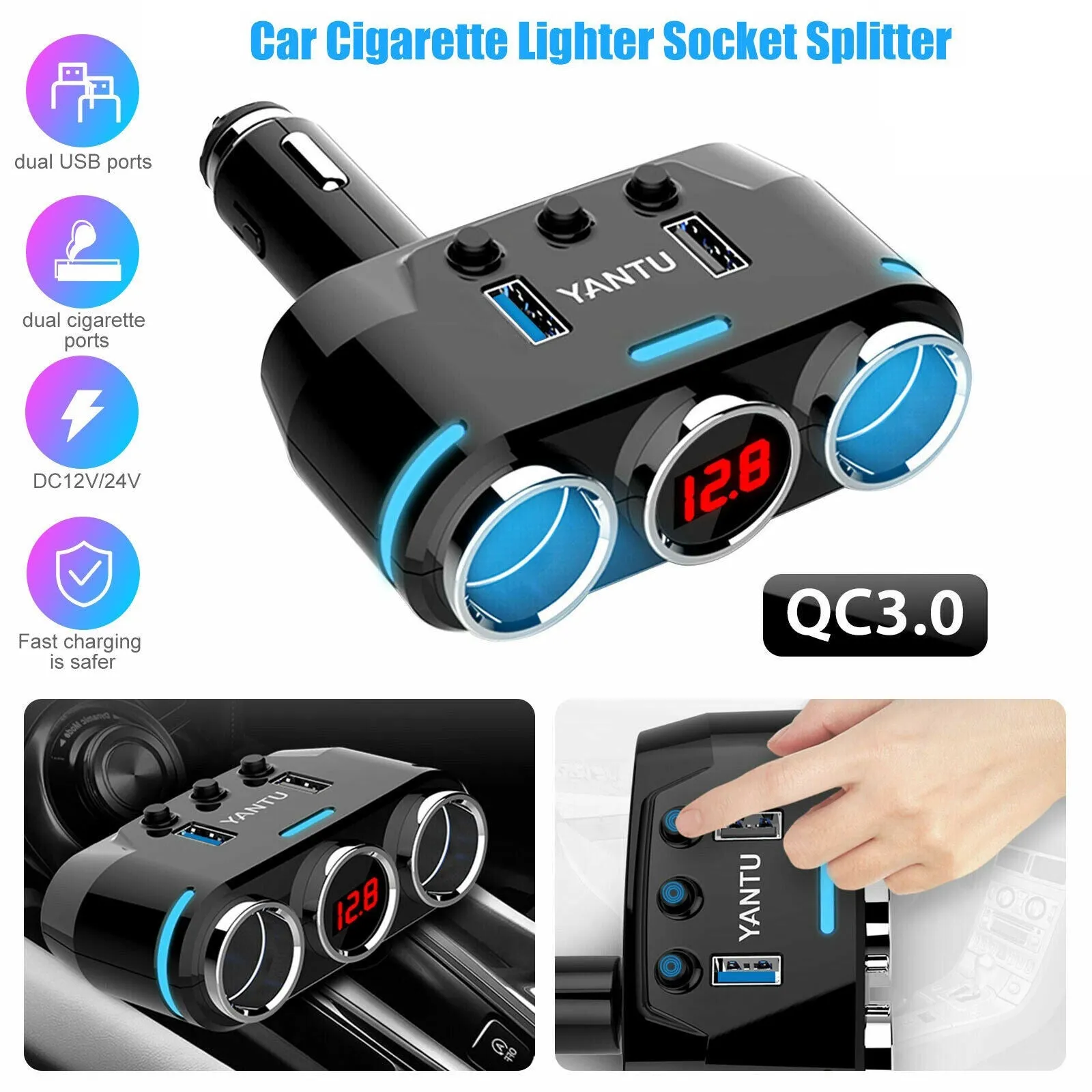 2-way Car Cigarette Lighter Socket Splitter Portable Dual USB Car