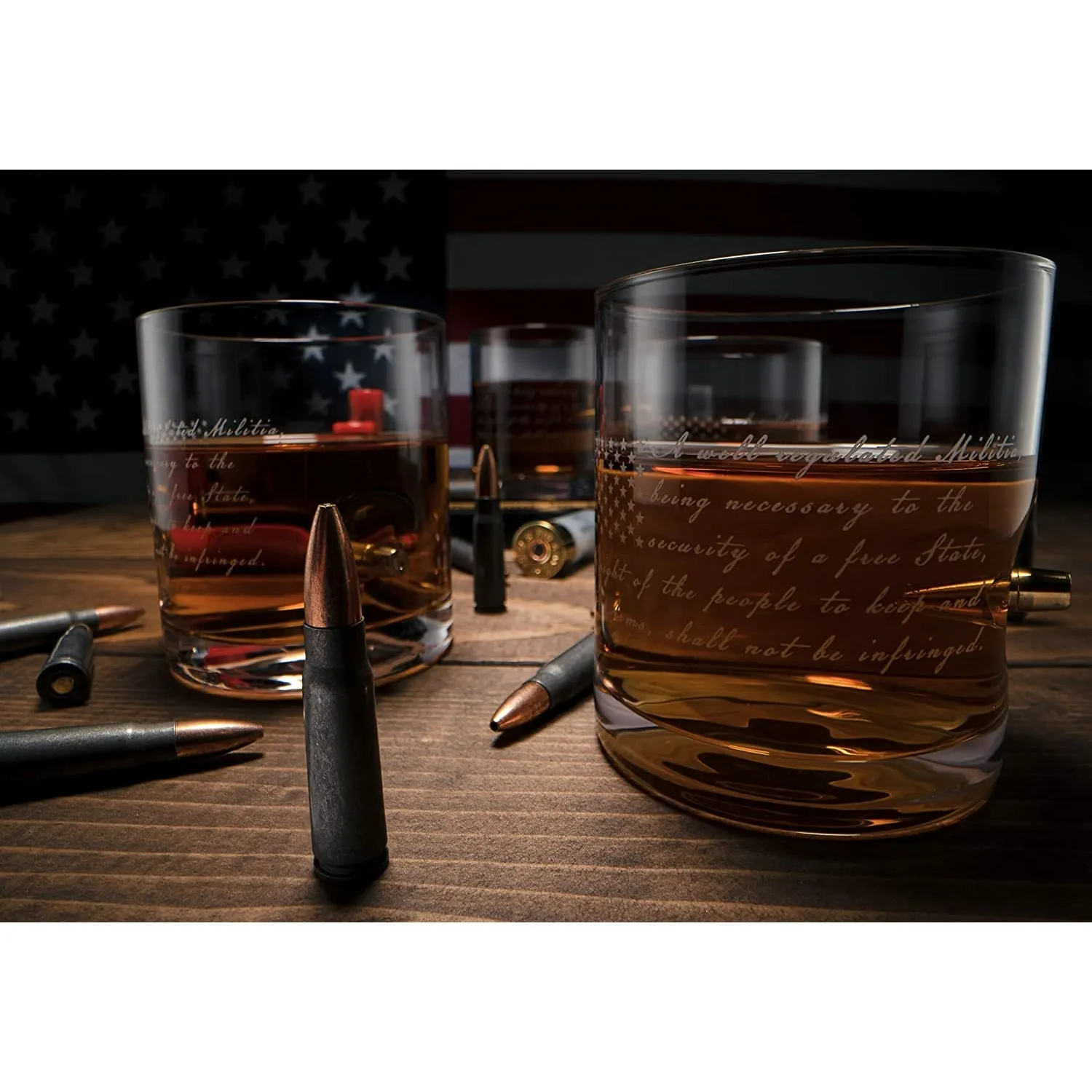 2nd Amendment American Flag Bullet Glasses - .308 Real Solid Copper Projectile, Set of 4 Hand Blown Old Fashioned Whiskey Rocks Glasses, Wood Flag Tray with Patriots Gun Rights Law & Military Gift Set by The Wine Savant
