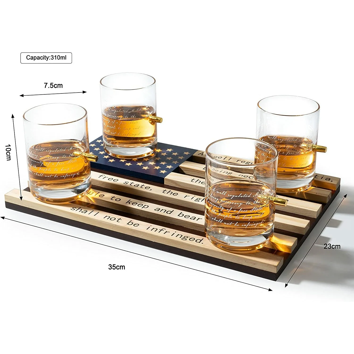 2nd Amendment American Flag Bullet Glasses - .308 Real Solid Copper Projectile, Set of 4 Hand Blown Old Fashioned Whiskey Rocks Glasses, Wood Flag Tray with Patriots Gun Rights Law & Military Gift Set by The Wine Savant