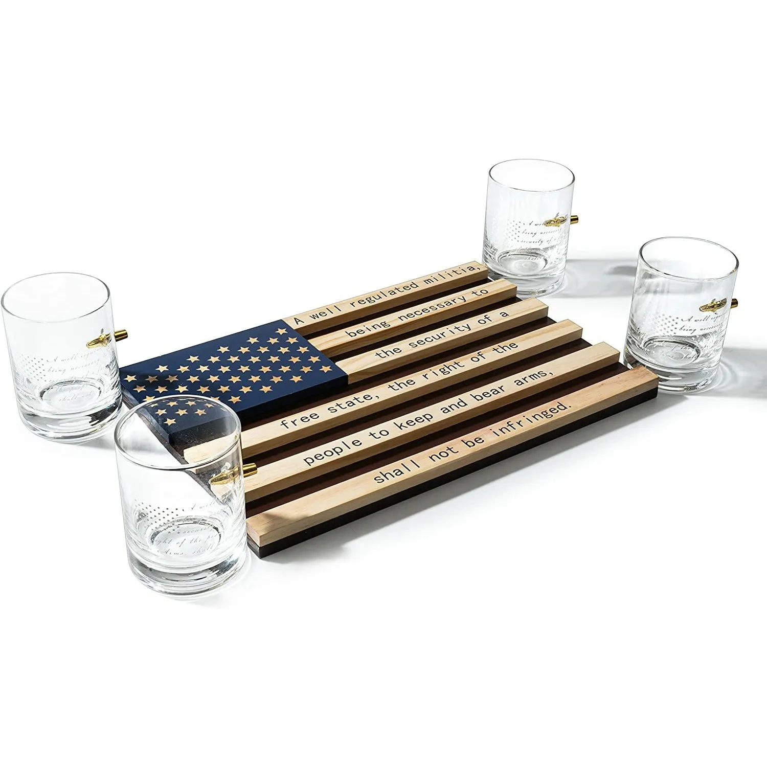 2nd Amendment American Flag Bullet Glasses - .308 Real Solid Copper Projectile, Set of 4 Hand Blown Old Fashioned Whiskey Rocks Glasses, Wood Flag Tray with Patriots Gun Rights Law & Military Gift Set by The Wine Savant