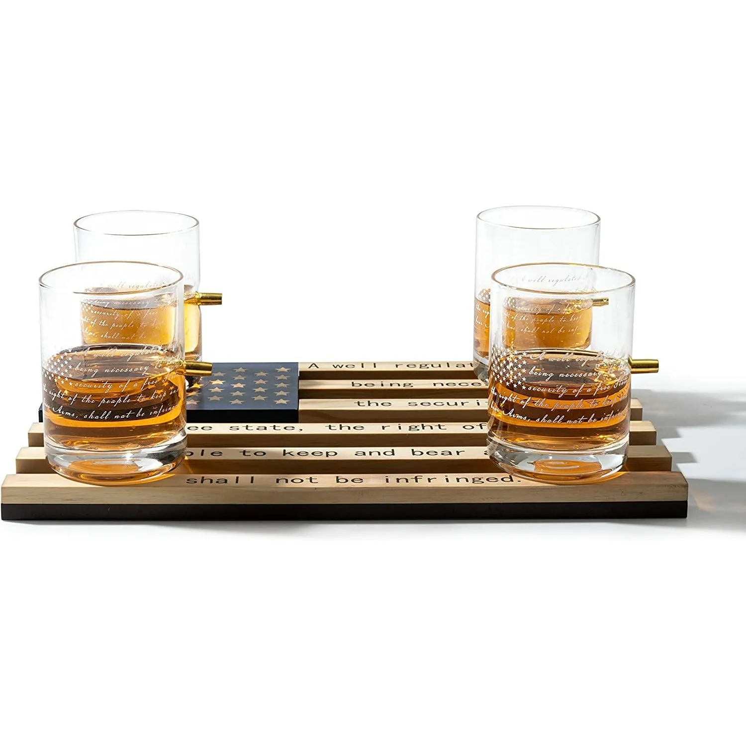 2nd Amendment American Flag Bullet Glasses - .308 Real Solid Copper Projectile, Set of 4 Hand Blown Old Fashioned Whiskey Rocks Glasses, Wood Flag Tray with Patriots Gun Rights Law & Military Gift Set by The Wine Savant