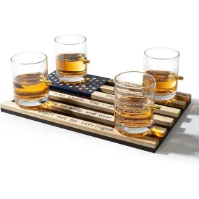 2nd Amendment American Flag Bullet Glasses - .308 Real Solid Copper Projectile, Set of 4 Hand Blown Old Fashioned Whiskey Rocks Glasses, Wood Flag Tray with Patriots Gun Rights Law & Military Gift Set by The Wine Savant