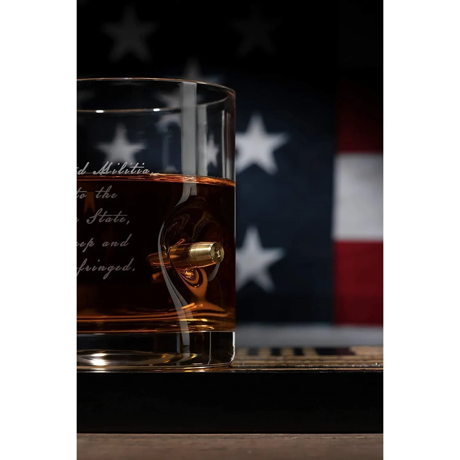 2nd Amendment American Flag Bullet Glasses - .308 Real Solid Copper Projectile, Set of 4 Hand Blown Old Fashioned Whiskey Rocks Glasses, Wood Flag Tray with Patriots Gun Rights Law & Military Gift Set by The Wine Savant