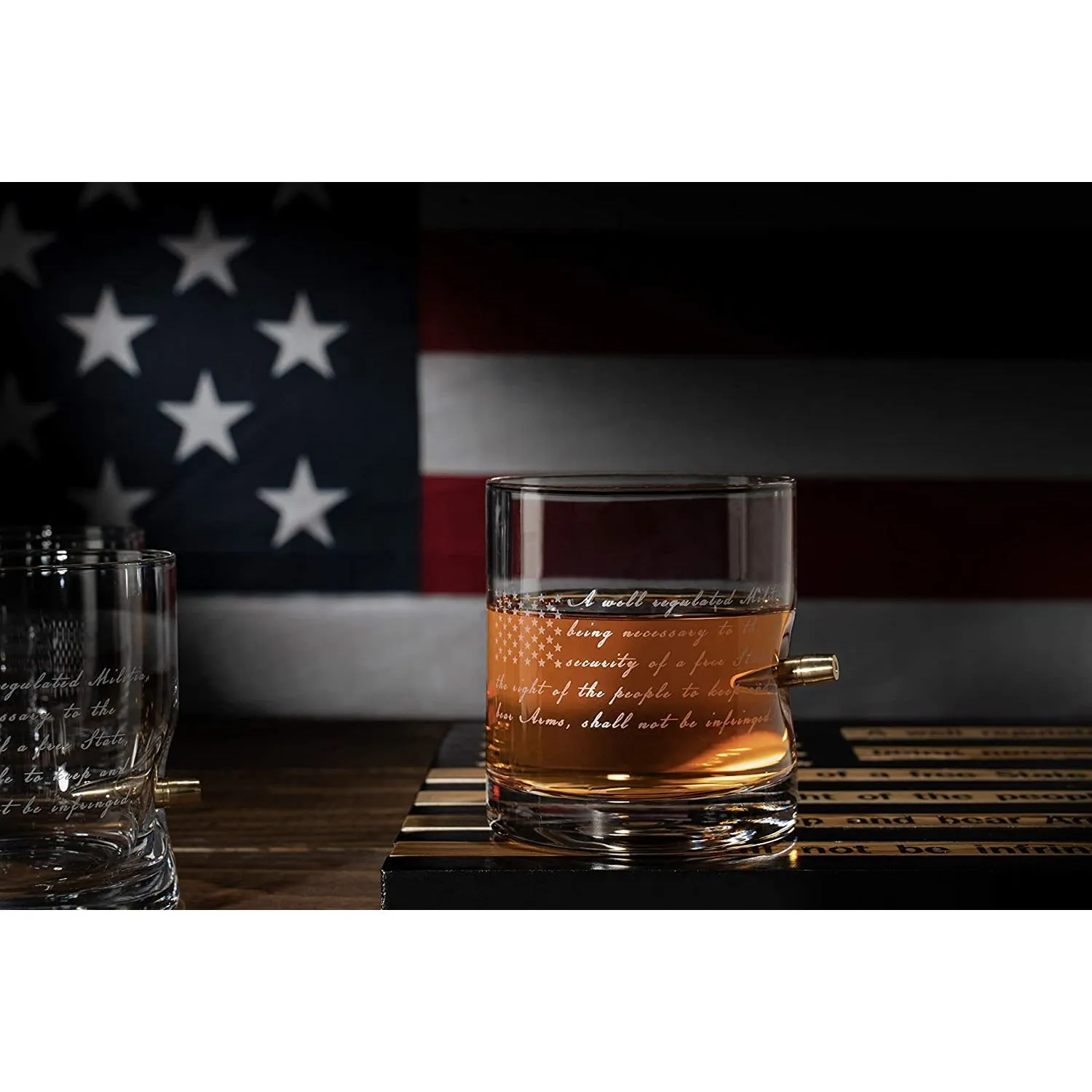 2nd Amendment American Flag Bullet Glasses - .308 Real Solid Copper Projectile, Set of 4 Hand Blown Old Fashioned Whiskey Rocks Glasses, Wood Flag Tray with Patriots Gun Rights Law & Military Gift Set by The Wine Savant
