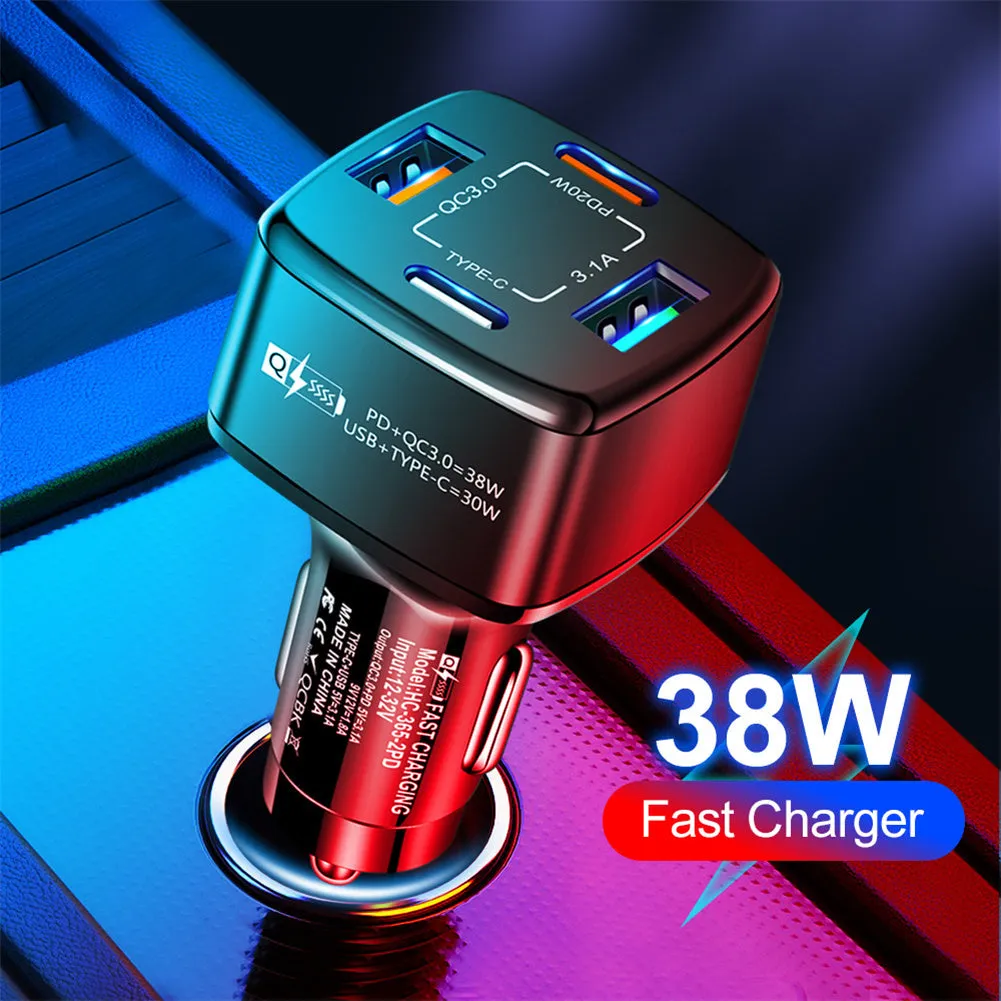 4-in-1 Type-C Fast Car Charger 38W Pd Qc3.0 3.1a 2usb Dual-Line