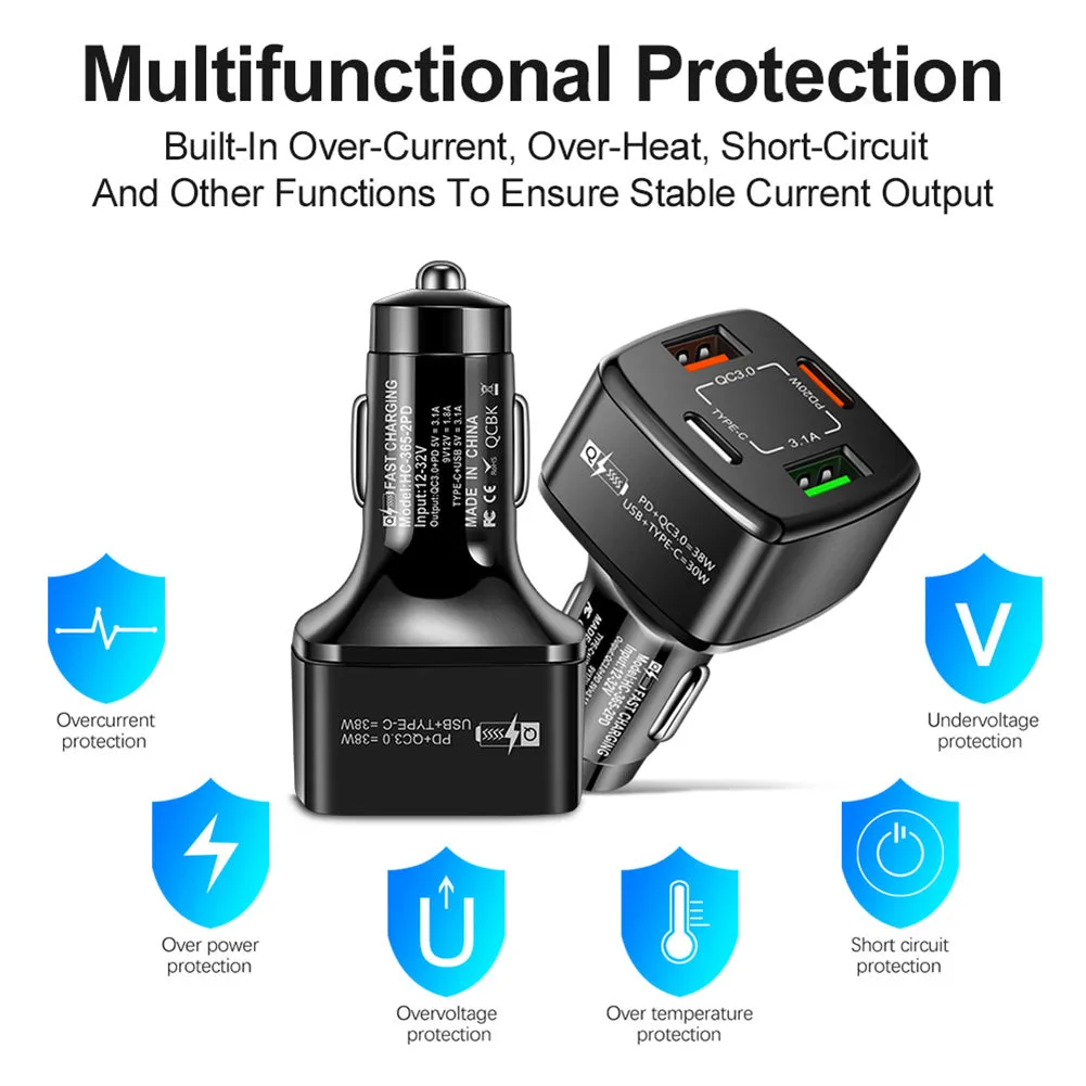 4-in-1 Type-C Fast Car Charger 38W Pd Qc3.0 3.1a 2usb Dual-Line