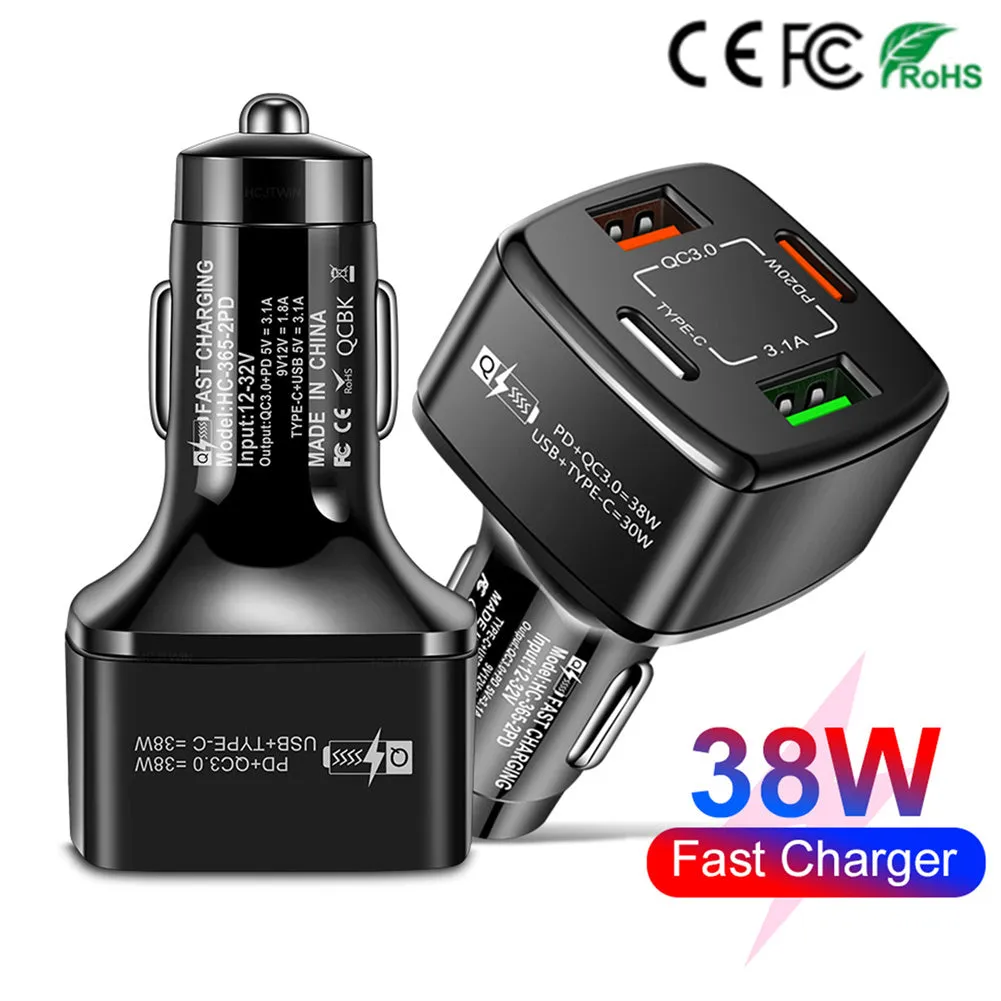 4-in-1 Type-C Fast Car Charger 38W Pd Qc3.0 3.1a 2usb Dual-Line