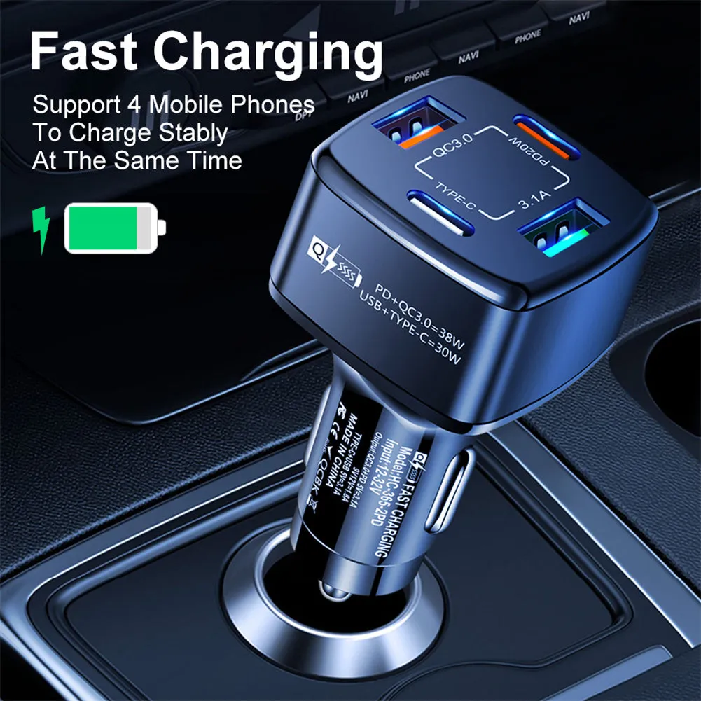 4-in-1 Type-C Fast Car Charger 38W Pd Qc3.0 3.1a 2usb Dual-Line