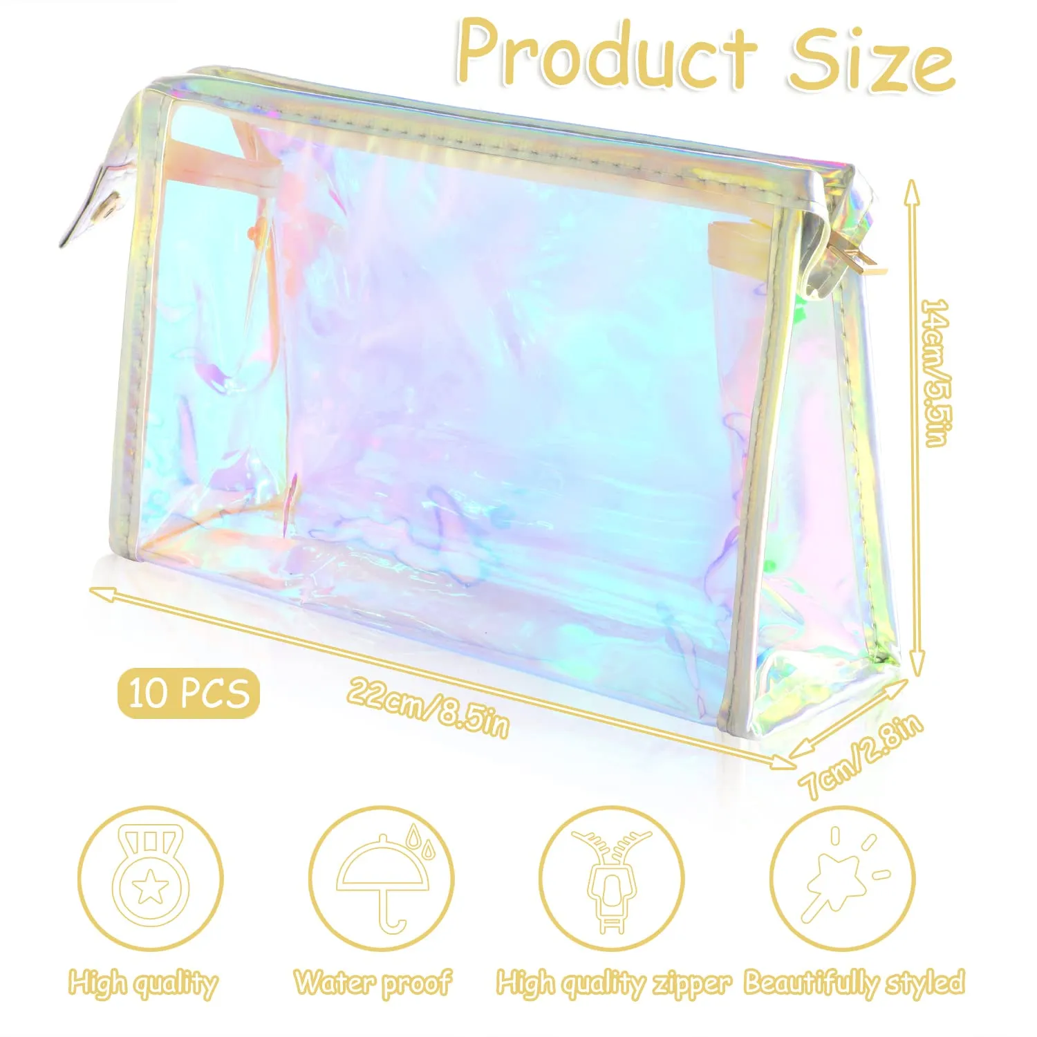 BESARME 10 Pcs Holographic Makeup Bags Bulk, Stocking Stuffers for Women Clear Iridescent Makeup Bag Portable Zippered Waterproof Toiletry Cosmetic Bags Christmas Gifts for Women