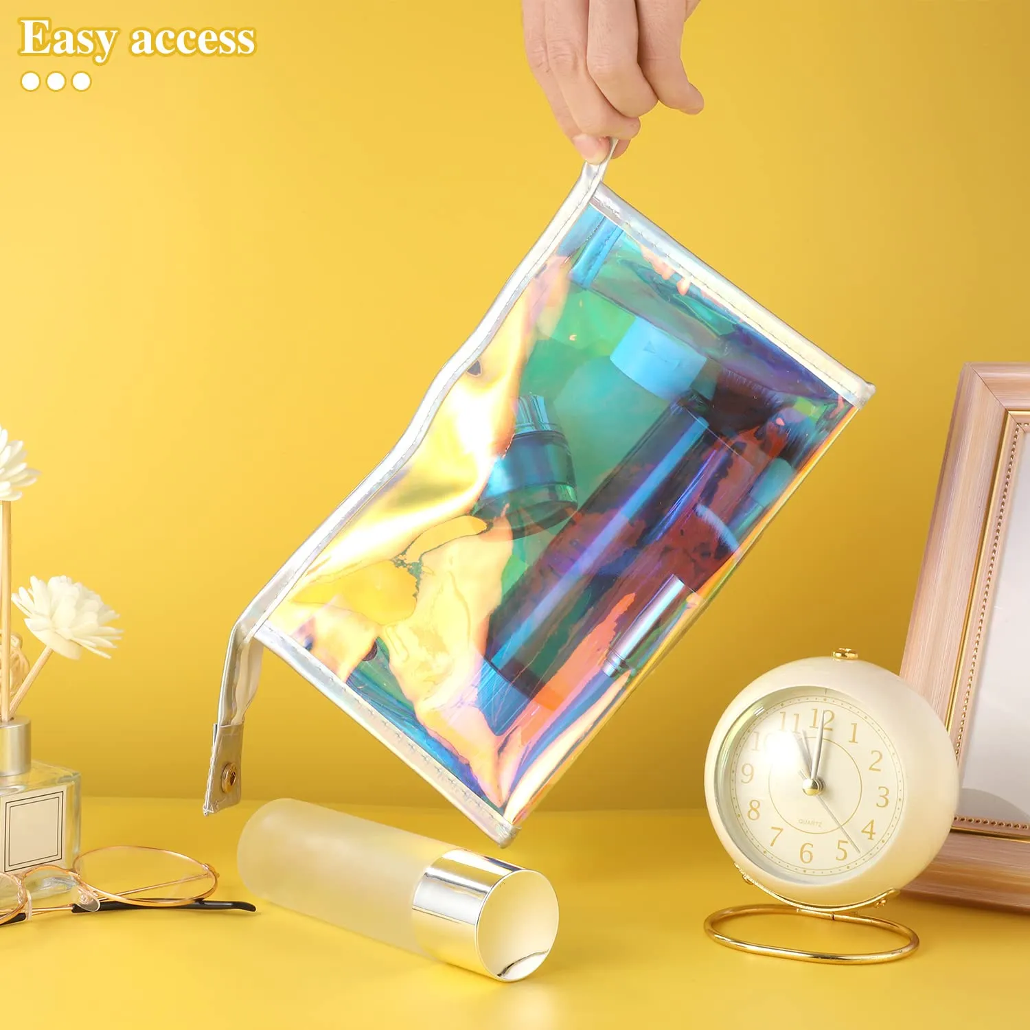 BESARME 10 Pcs Holographic Makeup Bags Bulk, Stocking Stuffers for Women Clear Iridescent Makeup Bag Portable Zippered Waterproof Toiletry Cosmetic Bags Christmas Gifts for Women