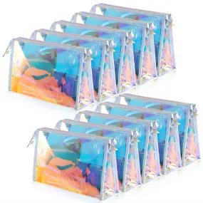 BESARME 10 Pcs Holographic Makeup Bags Bulk, Stocking Stuffers for Women Clear Iridescent Makeup Bag Portable Zippered Waterproof Toiletry Cosmetic Bags Christmas Gifts for Women