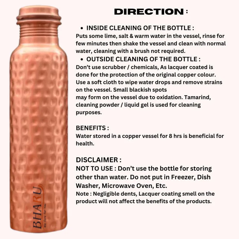 Bharu Hammered Copper Bottle 750 ml & 2 pcs Hammered Copper Glass