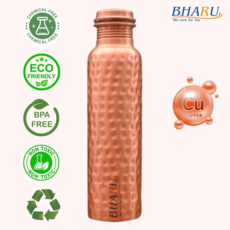 Bharu Hammered Copper Bottle 750 ml & 2 pcs Hammered Copper Glass