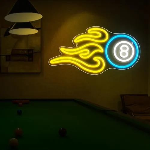 Billiards Neon Sign for Wall Decor, Dimmable Black 8 LED Light Sign, USB Powered Sign for Gameroom Party Man Cave Beer Bar, Gift Decoration 15.75”×8.27”