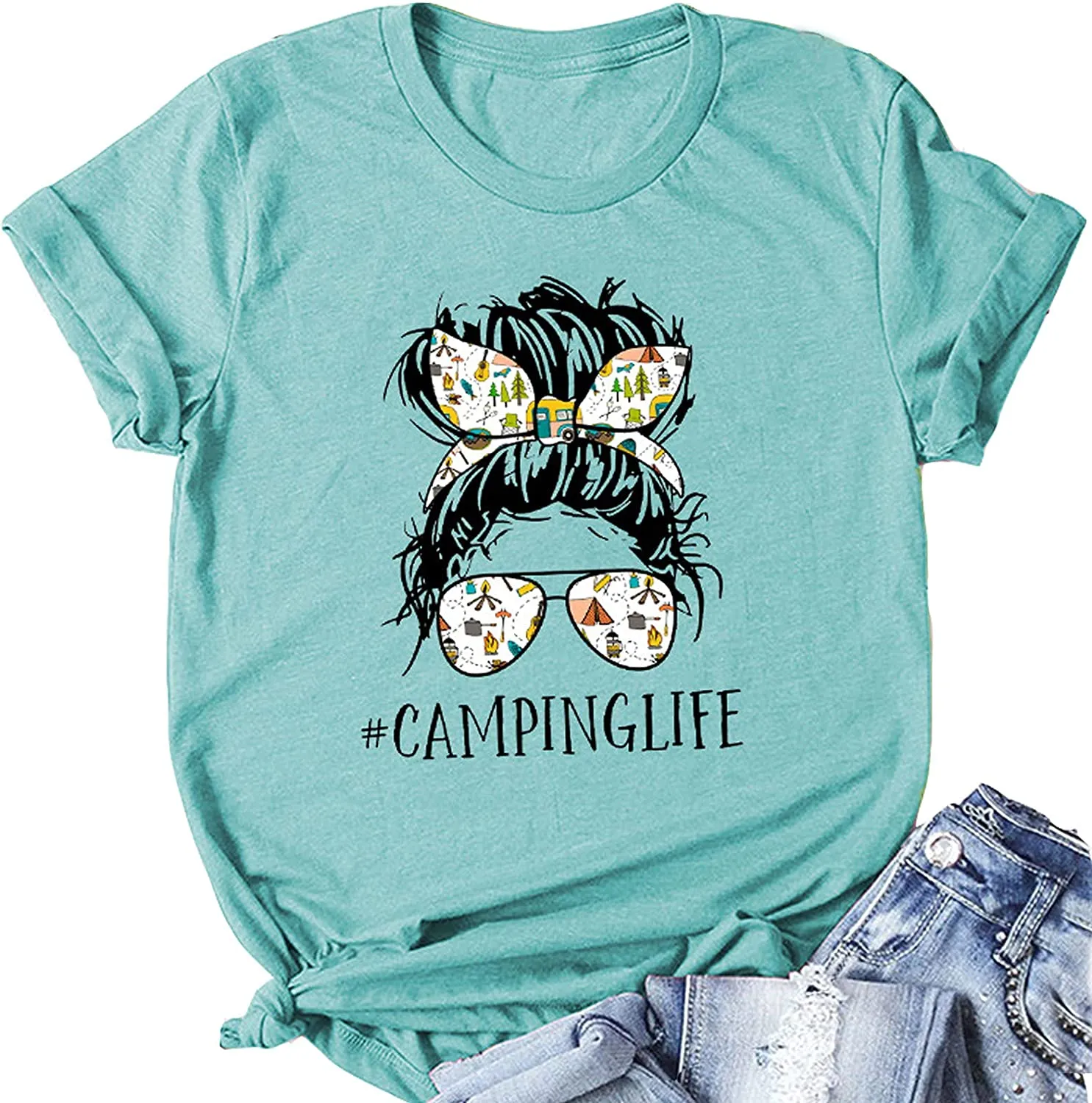 Camping Life T-Shirt for Women Messy Bun Glasses Shirt Woman Camper Shirt Camping Hair Shirt