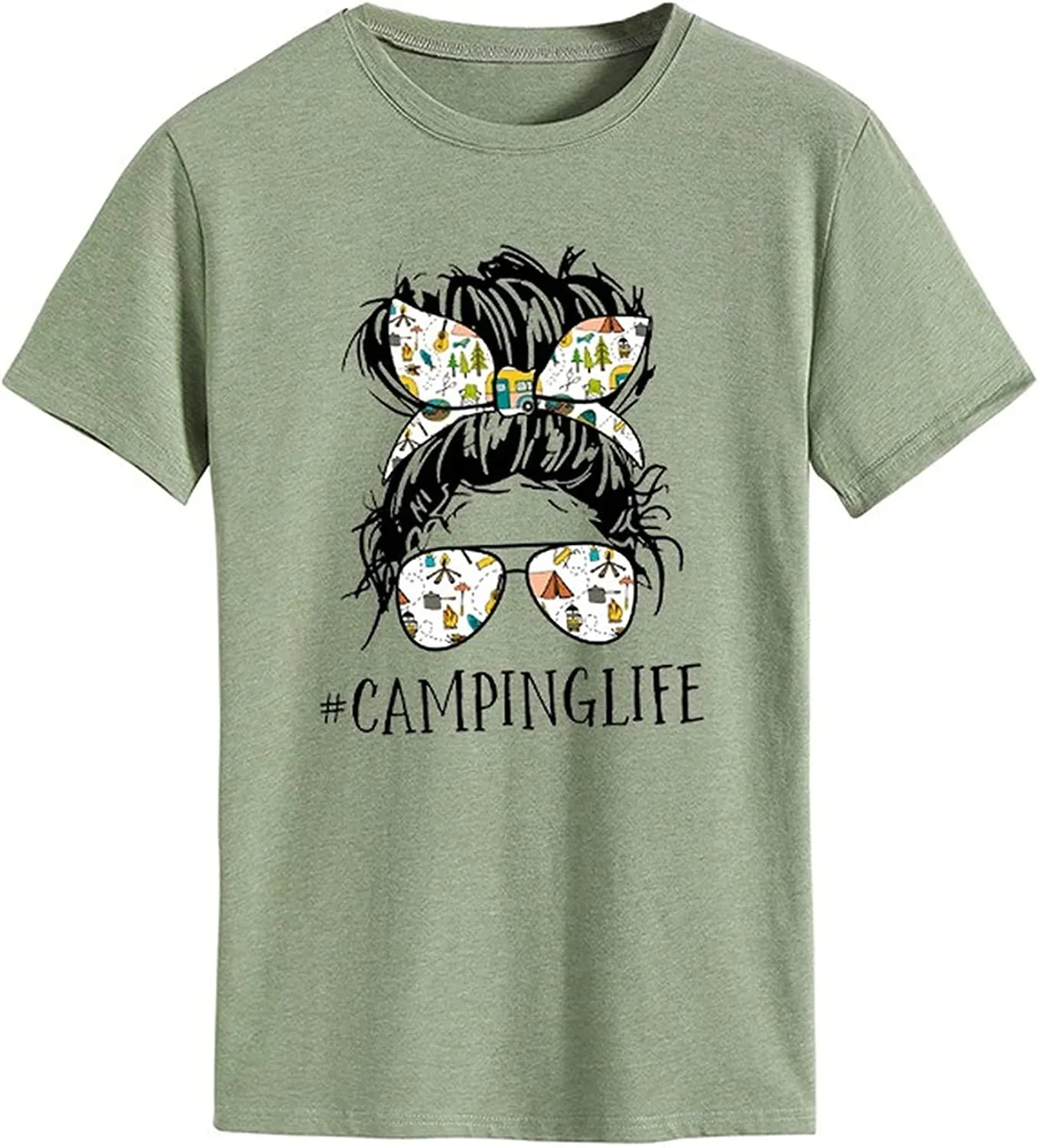 Camping Life T-Shirt for Women Messy Bun Glasses Shirt Woman Camper Shirt Camping Hair Shirt