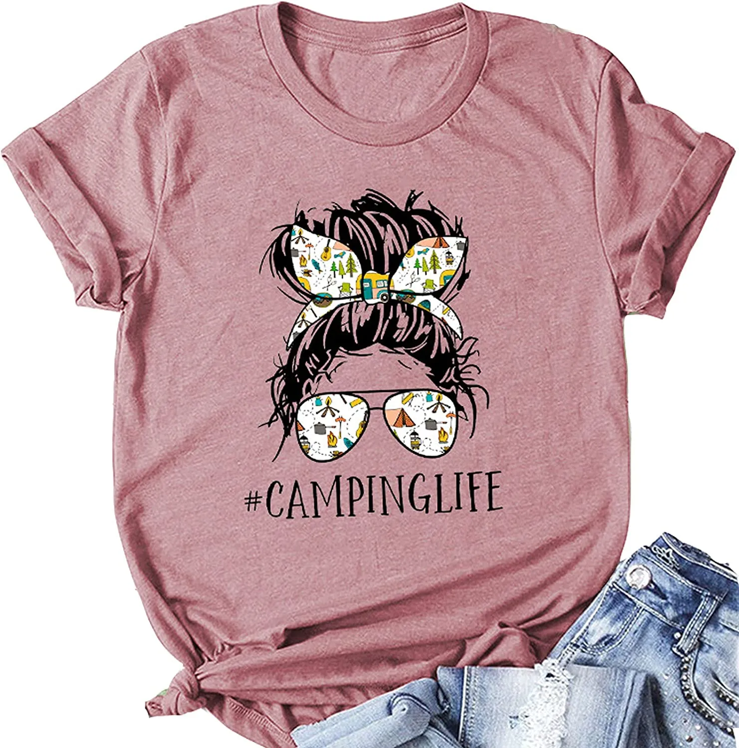 Camping Life T-Shirt for Women Messy Bun Glasses Shirt Woman Camper Shirt Camping Hair Shirt
