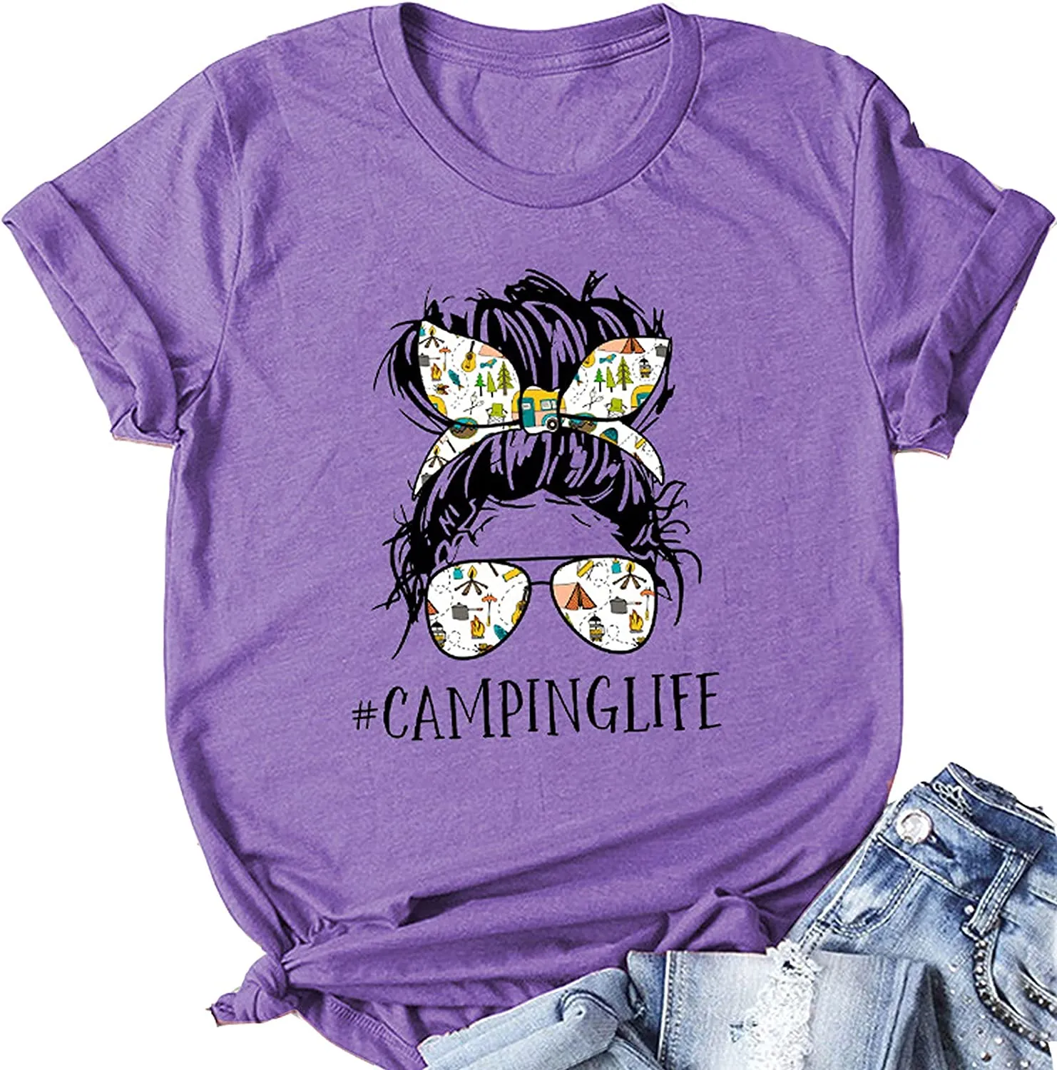 Camping Life T-Shirt for Women Messy Bun Glasses Shirt Woman Camper Shirt Camping Hair Shirt