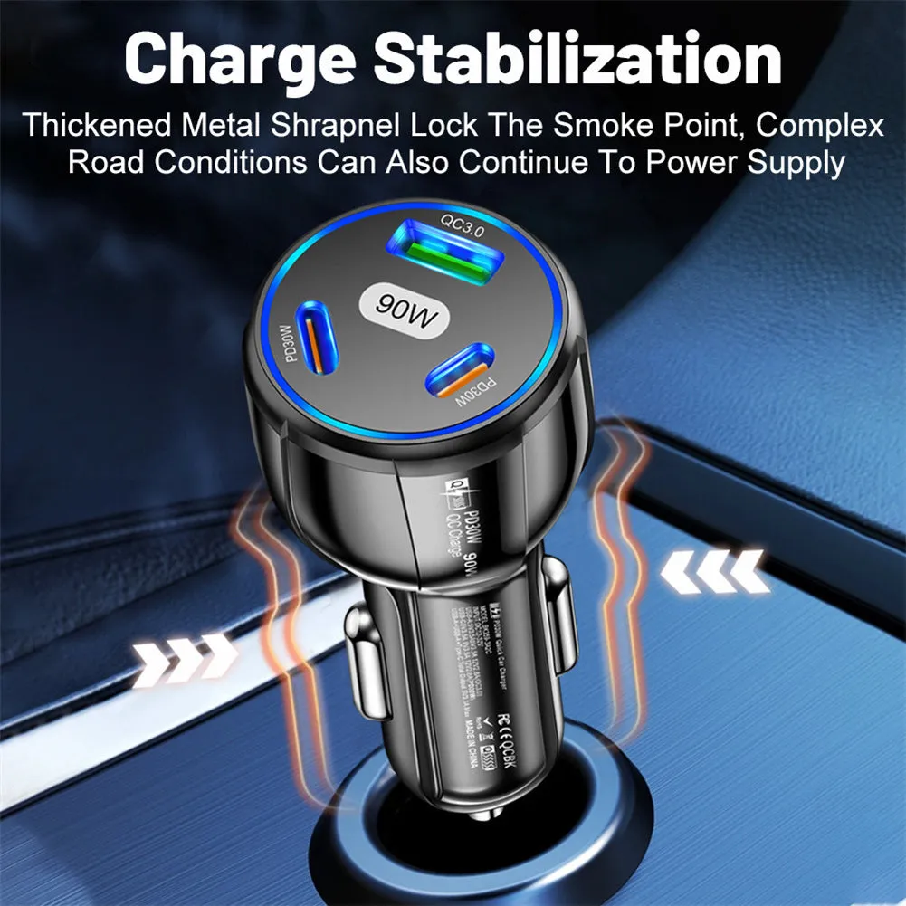 Car Charger Fast Charging 90W USB Charger 2 PD USB C 1 USB A Car