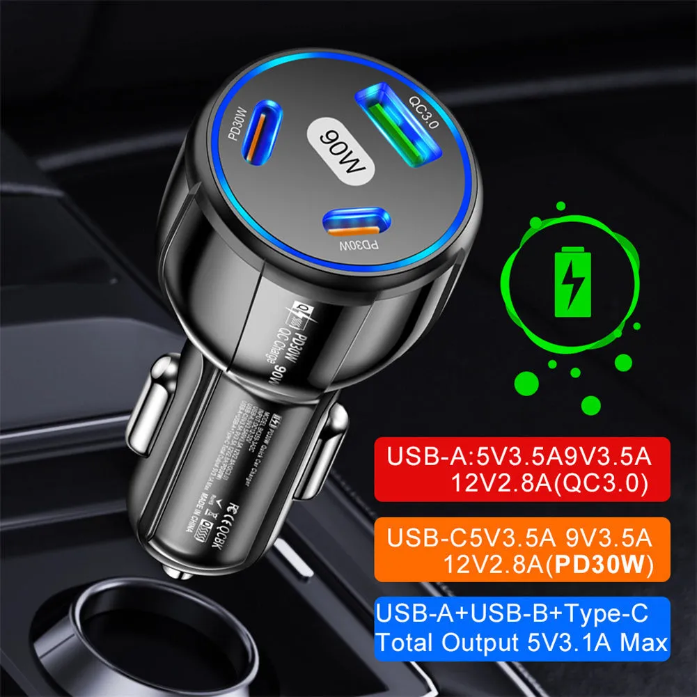 Car Charger Fast Charging 90W USB Charger 2 PD USB C 1 USB A Car