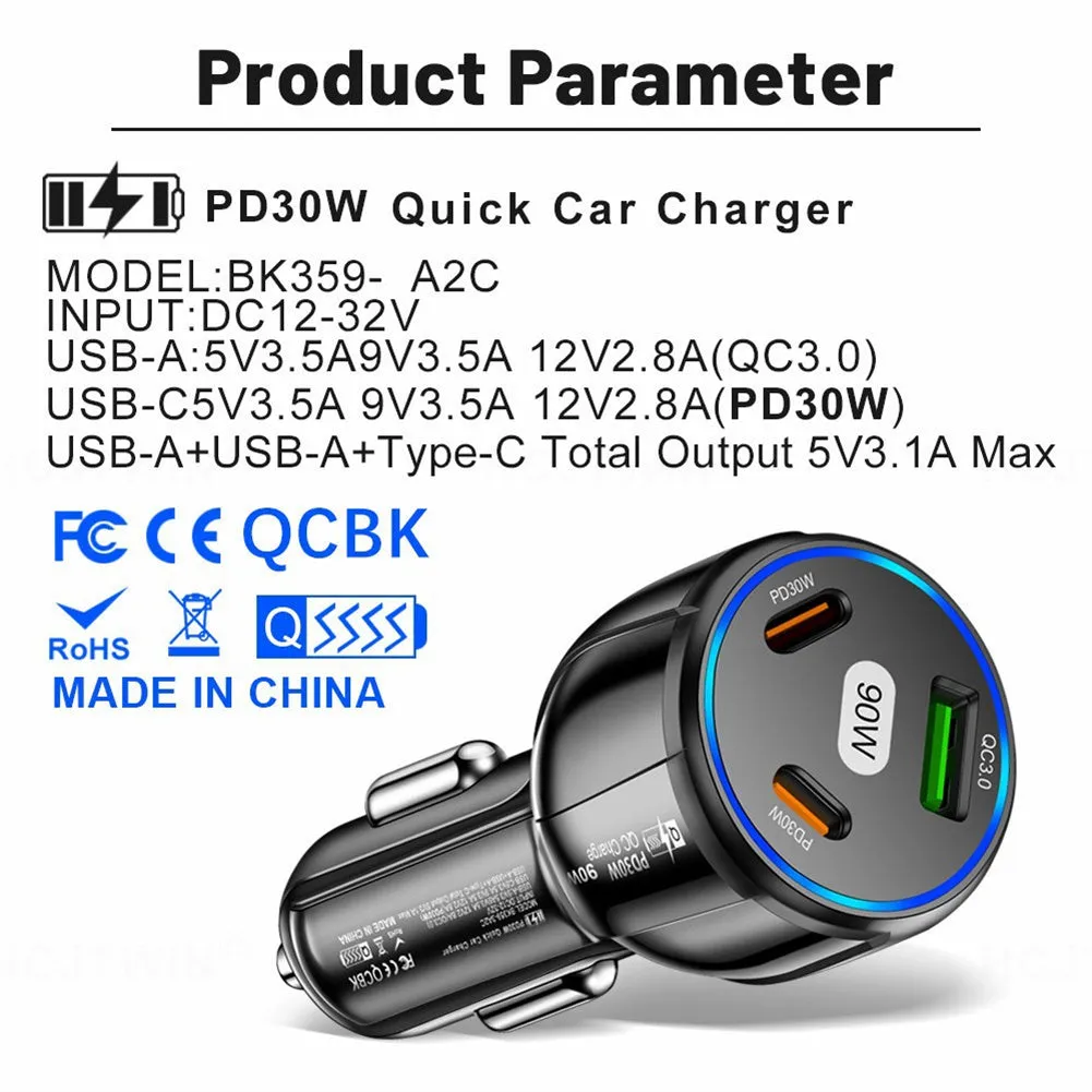 Car Charger Fast Charging 90W USB Charger 2 PD USB C 1 USB A Car