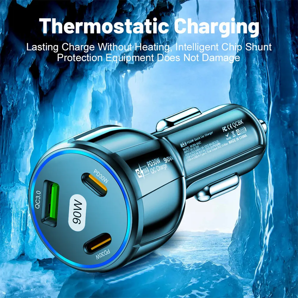 Car Charger Fast Charging 90W USB Charger 2 PD USB C 1 USB A Car