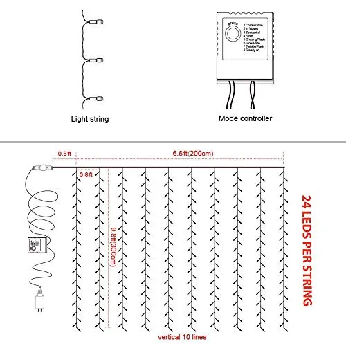 CITRA 240 LED 9.8Feet Curtain Lights Icicle Lights Fairy String Lights with 8 Modes for Wedding Party Family Patio Lawn Decoration - Warm White