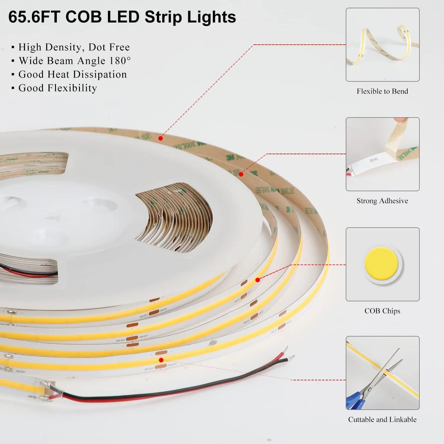 COB LED Strip Lights 65.6ft/20m, 4000K White, DC48V, CRI90 