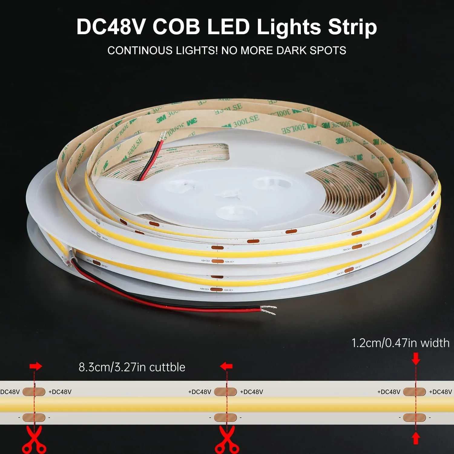 COB LED Strip Lights 65.6ft/20m, 4000K White, DC48V, CRI90 
