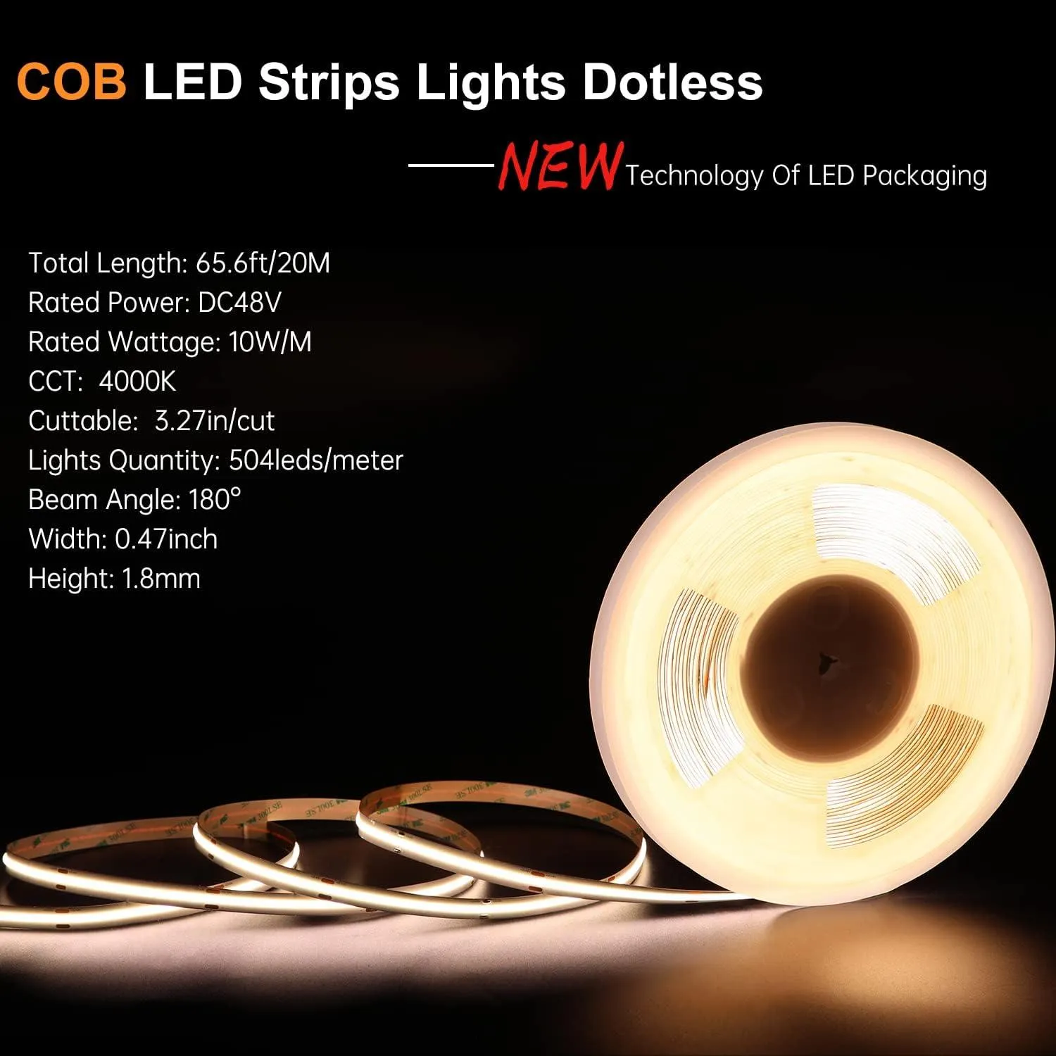 COB LED Strip Lights 65.6ft/20m, 4000K White, DC48V, CRI90 