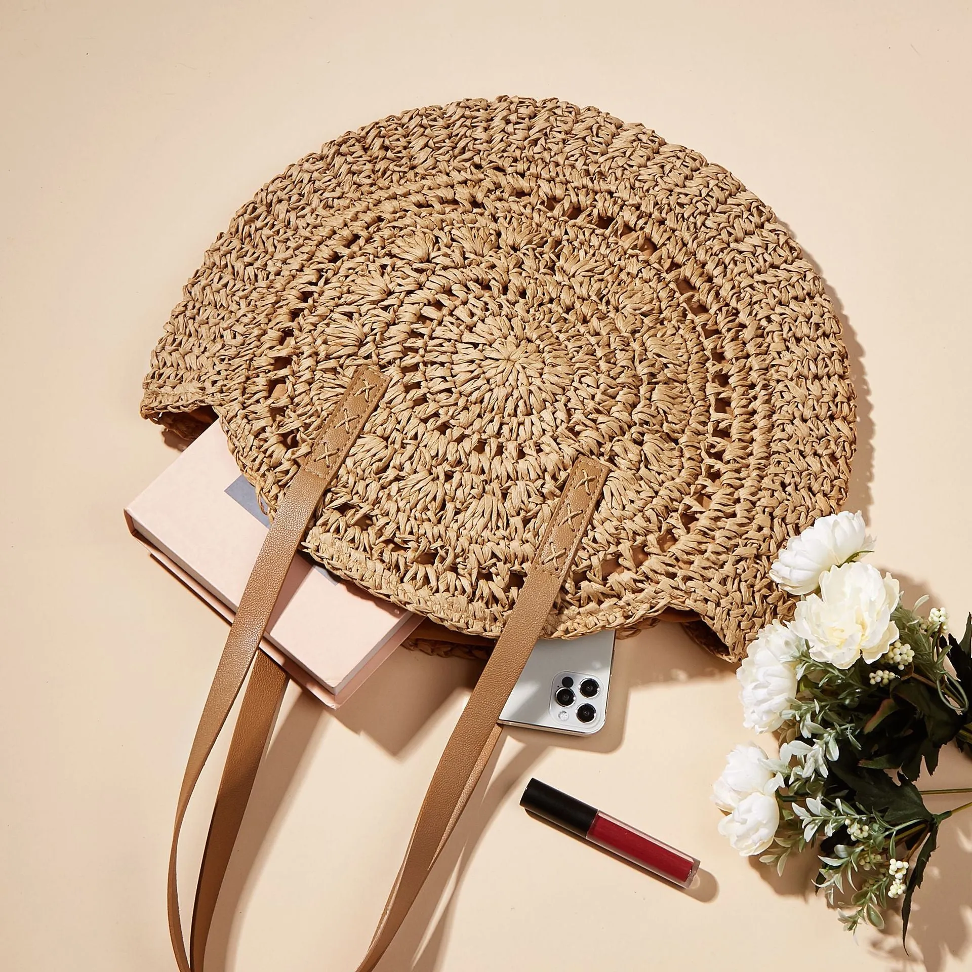 Cutout Floral Woven Shoulder Bag