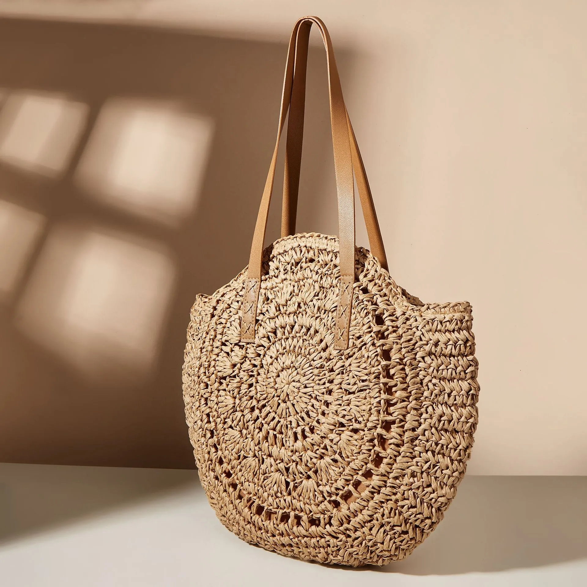 Cutout Floral Woven Shoulder Bag