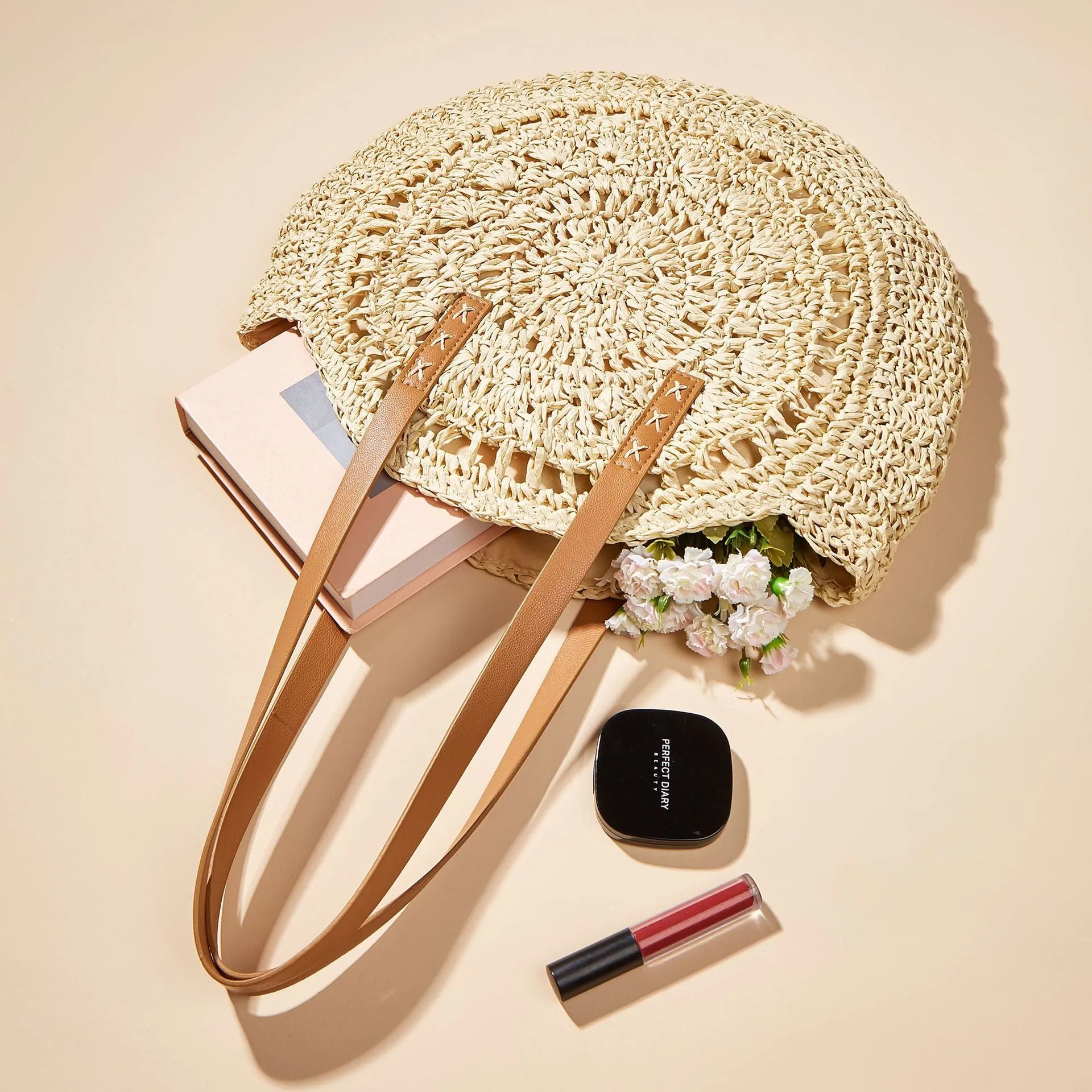 Cutout Floral Woven Shoulder Bag