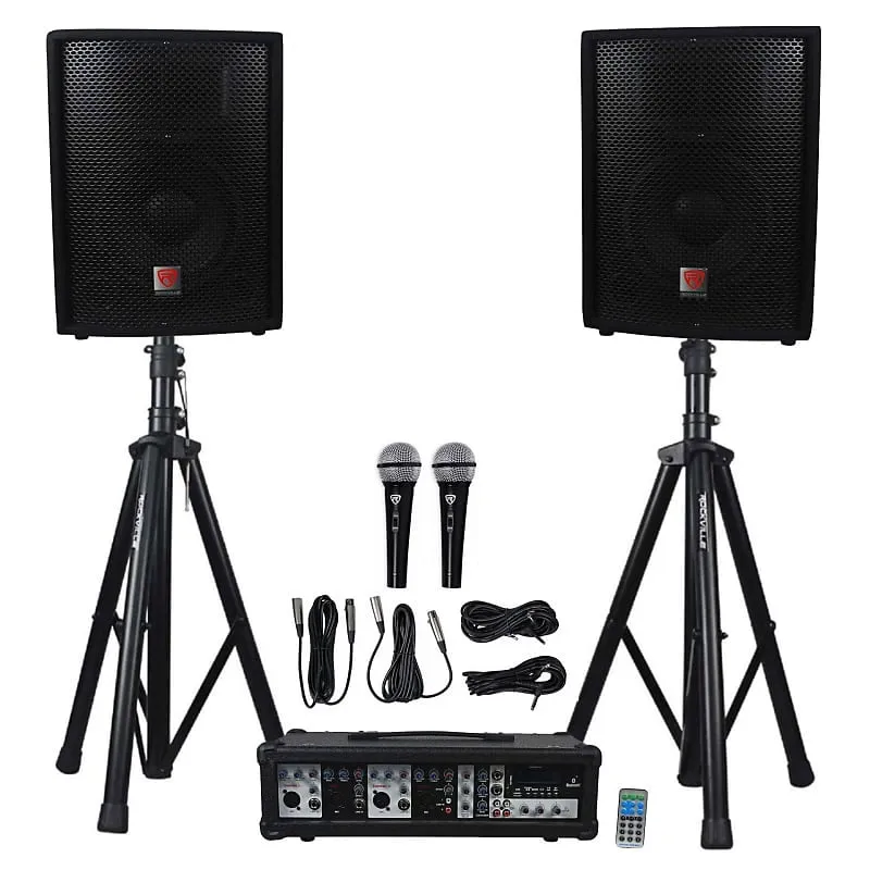 DJ package with 10" speakers   Bluetooth mixer   microphones   tripod   totem stands   façade   lighting Rockville RPG2X10 (2) RTP32W RFAAW PACK 2