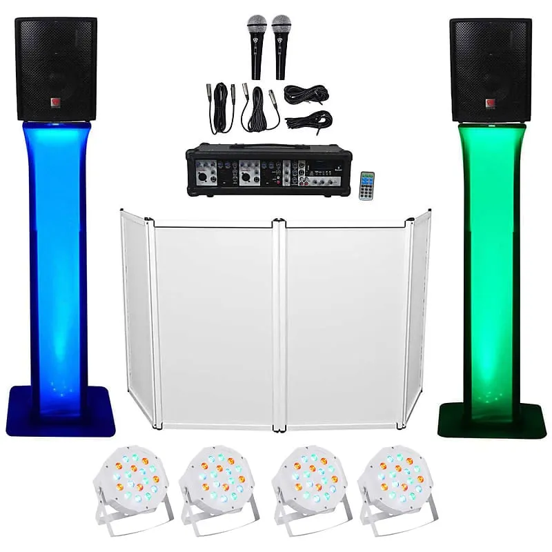 DJ package with 10" speakers   Bluetooth mixer   microphones   tripod   totem stands   façade   lighting Rockville RPG2X10 (2) RTP32W RFAAW PACK 2