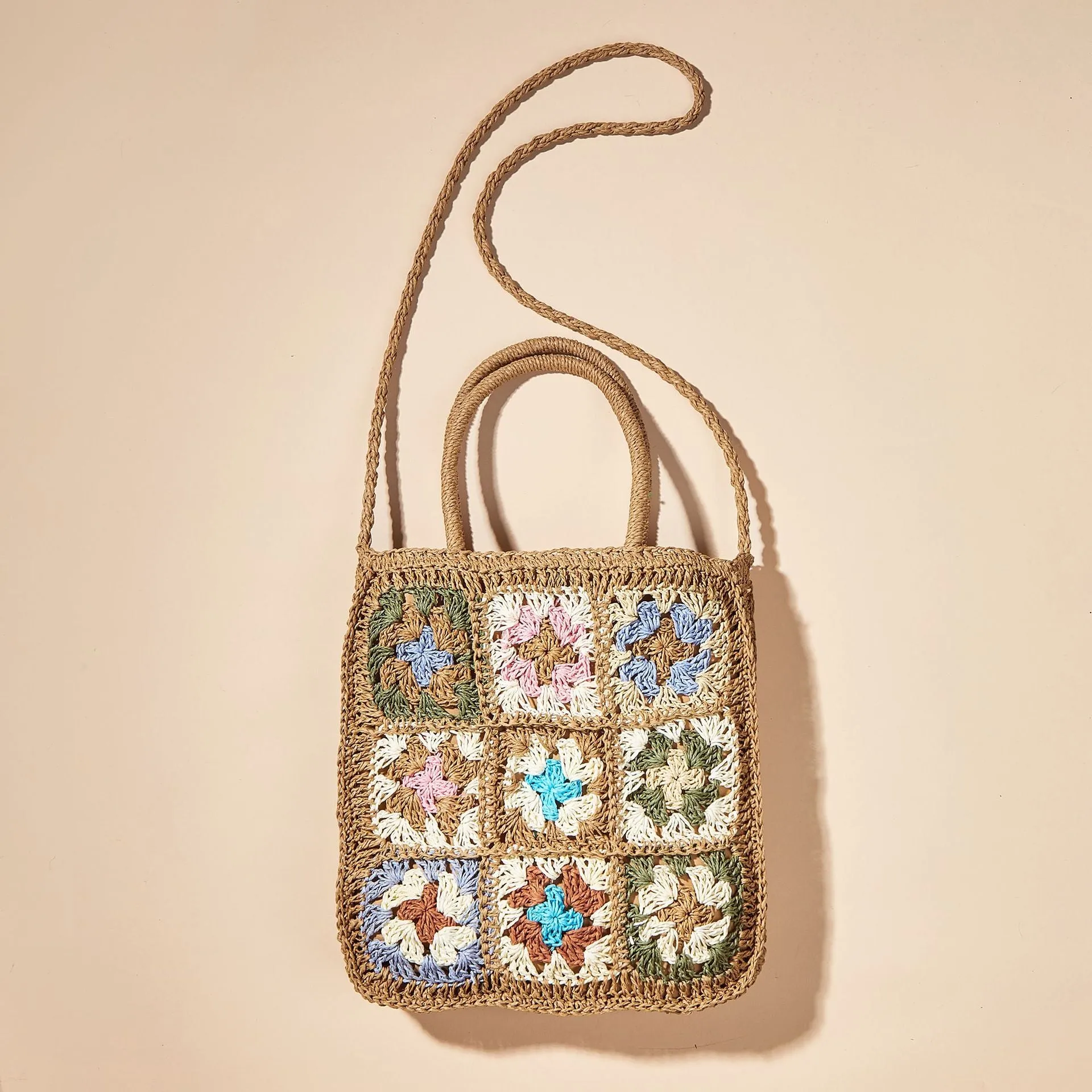 Flower Panel Woven Straw Bag