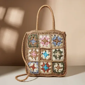Flower Panel Woven Straw Bag